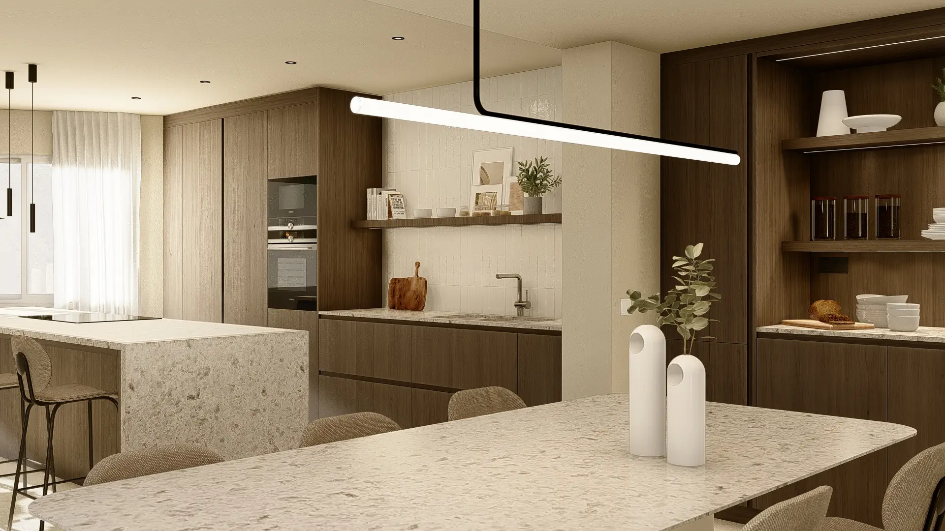 Cocina en madera de diseño Mobalco en un piso reformado por ARGO en Cambrils, con iluminación de Marset y paredes en tonos beige.